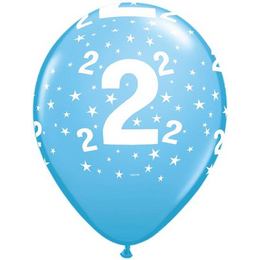 11 inch latexový balón s potlačou čísla 2 a hviezdičiek, modrý (6 ks/bal)