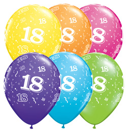 11 inch 18-A-Round Tropical Assortment farebné narodeninové balóny s číslom 18 (6 ks/bal)