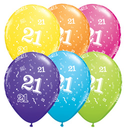 11 inch 21-A-Round Tropical Assortment farebné narodeninové balóny s číslom 21 (6 ks/bal)
