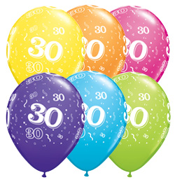 11 inch 30-A-Round Tropical Assortment farebné narodeninové balóny s číslom 30 (6 ks/bal)