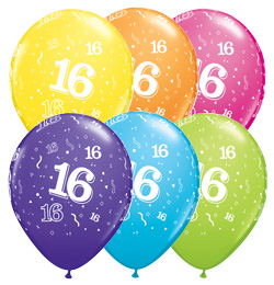 11 inch 16-A-Round Tropical Assortment farebné narodeninové balóny s číslom 16 (25 ks/bal)