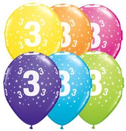 11 inch 3 Stars Tropical Assortment farebné narodeninové balóny s číslom 3 (25 ks/bal)