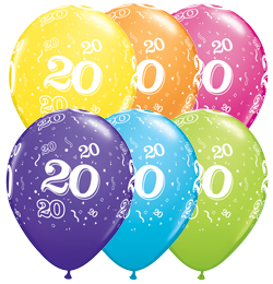 11 inch 20-A-Round Tropical Assortment farebné narodeninové balóny s číslom 20 (25 ks/bal)