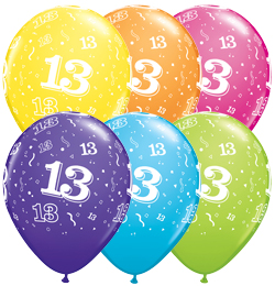 11 inch 13-A-Round Tropical Assortment farebné narodeninové balóny s číslom 13 (6 ks/bal)