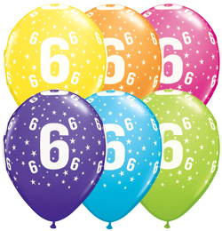 11 inch 6 Stars Tropical Assortment farebné narodeninové balóny s číslom 6 (6 ks/bal)