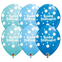 11 inch Bodkované modré balóny po maďarsky Boldog Születésnapot, 25ks