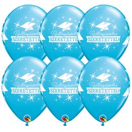 Blankytnomodré gumené balóny so vzorom promočného klobúka na rozlúčkovú so školou s maďarským nápisom Ballagásodra Szeretettel