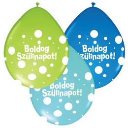 16 inch Boldog Szülinapot Big Polka Dots Neck Up balóny chlapčenské farby, maďarský nápis (25 ks/balenie)