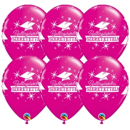 Cyklámenové balóny na rozlúčkovú so školou so vzorom promočného klobúka s maďarským nápisom Ballagásodra Szeretettel, 28 cm, 25