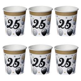 Elegantné papierové party poháre k 25. narodeninám s motívom balónov - 250 ml, 6 ks