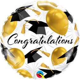 fóliový balón k rozlúčke so školou s nápisom Congratulations - Gratulujem s motívom zlatých balónov a promočných klobúko