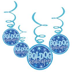 Modrá visiaca chlapčenská party dekorácia s nápisom Boldog Szülinapot, 6 ks/bal