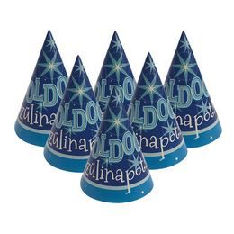 Modré party klobúky pre chlapcov s maďarským nápisom Boldog Szülinapot , 6 ks