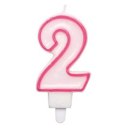 Narodeninová sviečka na tortu v tvare čísla 2 s držiakom, s ružovým orámovaním