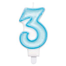 Narodeninová sviečka v tvare čísla 3 s držiakom s modrým orámovaním