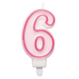 Narodeninová sviečka na tortu v tvare čísla 6 s držiakom, s ružovým orámovaním