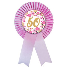Narodeninový odznak ružový konfetovaný so stuhou a číslom 50