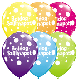11 inch Boldog Szülinapot Big Polka Dots Assorted narodeninový balón s maďarským nápisom (25 ks/bal)