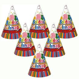 Farebné party klobúky s maďarským nápisom Boldog Szülinapot - 6 ks