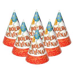 Party klobúky s motívom balónov a maďarským nápisom Boldog Szülinapot - 6 ks