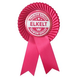 Ružovo-biely party odznak so s magentovou stuhou na dámsku rozlúčku so slobodou s maďarským nápisom Elkelt