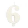 Trblietavá biela narodeninová sviečka číslo 6 na podstavci