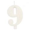 Trblietavá biela narodeninová sviečka číslo 9 na podstavci