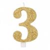 Zlatá lesklá narodeninová sviečka na stojančeku číslo 3