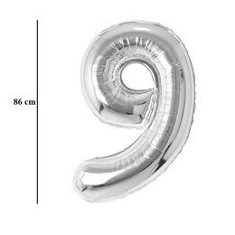 Strieborný fóliový balón číslo 9, 86 cm