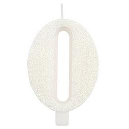 Trblietavá biela narodeninová sviečka číslo 0 na podstavci