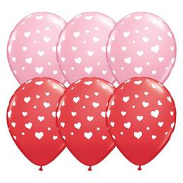 Zaľúbené červené a ružové balóny s motívom bielych srdiečok - 28 cm, 25 ks
